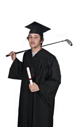 teenager in black gown holding diploma and golf club